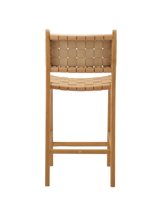 Back View. A wooden counter stool with a woven tan leather seat and back, shown against a transparent background.