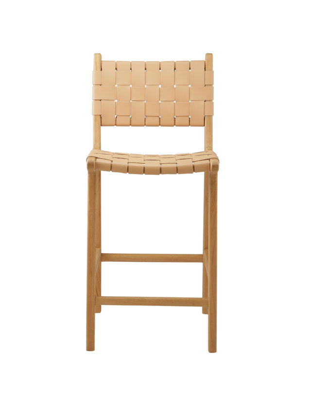A wooden counter stool with a woven tan leather seat and back, shown against a transparent background.