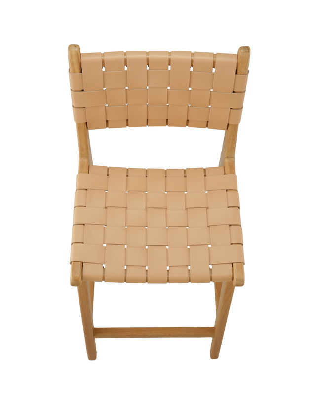Top View. A wooden counter stool with a woven tan leather seat and back, shown against a transparent background.