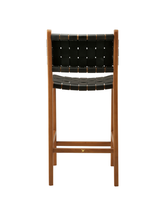 View from the back. A wooden counter stool with a woven black leather seat and back, shown against a transparent background.