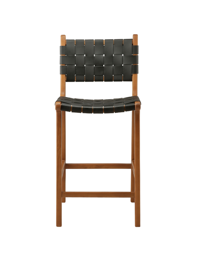 A wooden counter stool with a woven black leather seat and back, shown against a transparent background.