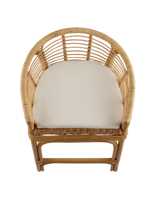 Top view. comfortable counter stool made from rattan, featuring a woven seat and backrest with armrests. The stool has a cushioned seat for added comfort and a natural rattan frame with intricate weaving. Its relaxed yet stylish design makes it a perfect fit for modern or coastal-inspired interiors. 3/4 view of the stool