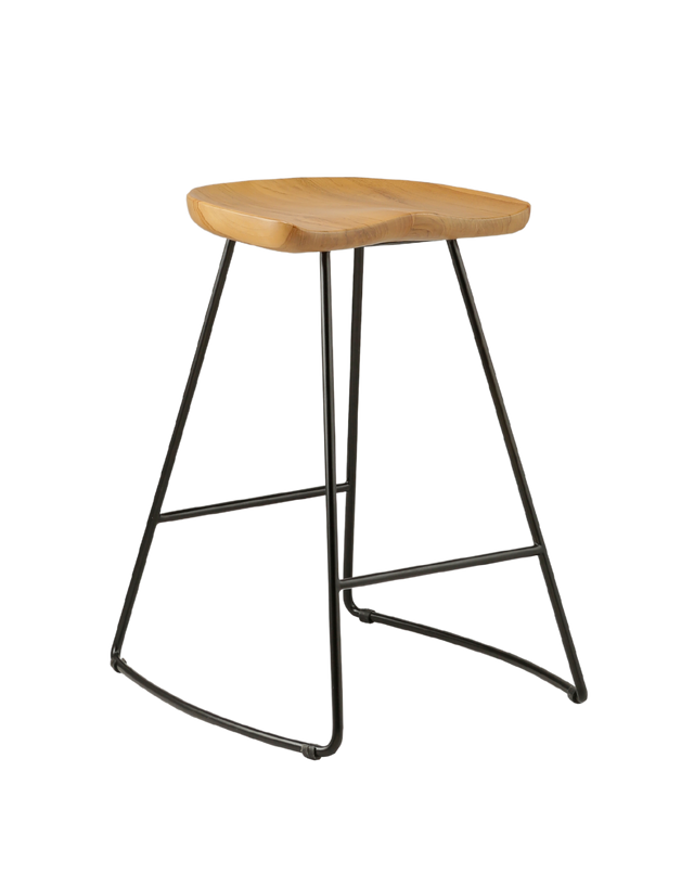 counter stool with a sleek, curved teak wood seat supported by a black metal frame. The seat has a smooth, natural finish, offering a minimalist design with clean lines and a modern aesthetic. 3/4 view