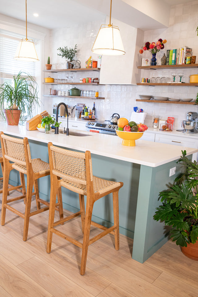 Bulan Modern Kitchen Counter Height Bar Stools with Backs Woven Rattan Counter Stools Teak Wood Natural Design