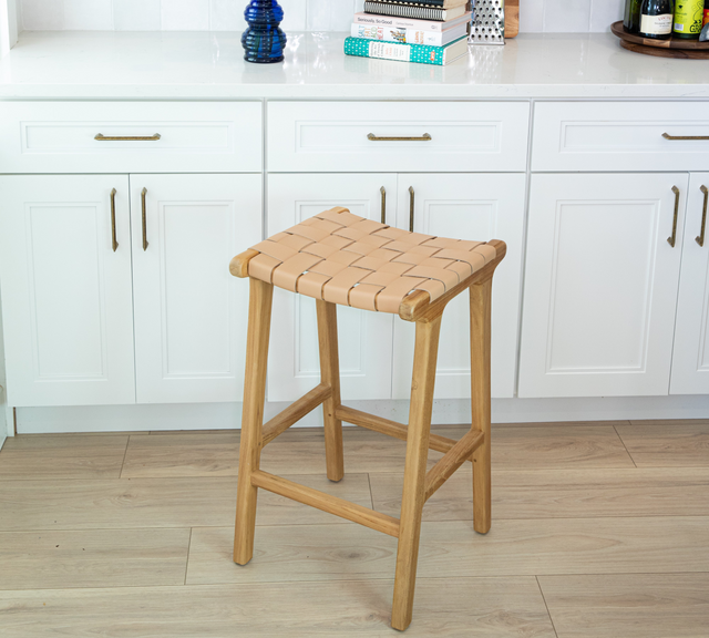 Canopy Counter Height Bar Stools Hand Woven Leather Protective Coating Backless Counter Stools Teak Construction