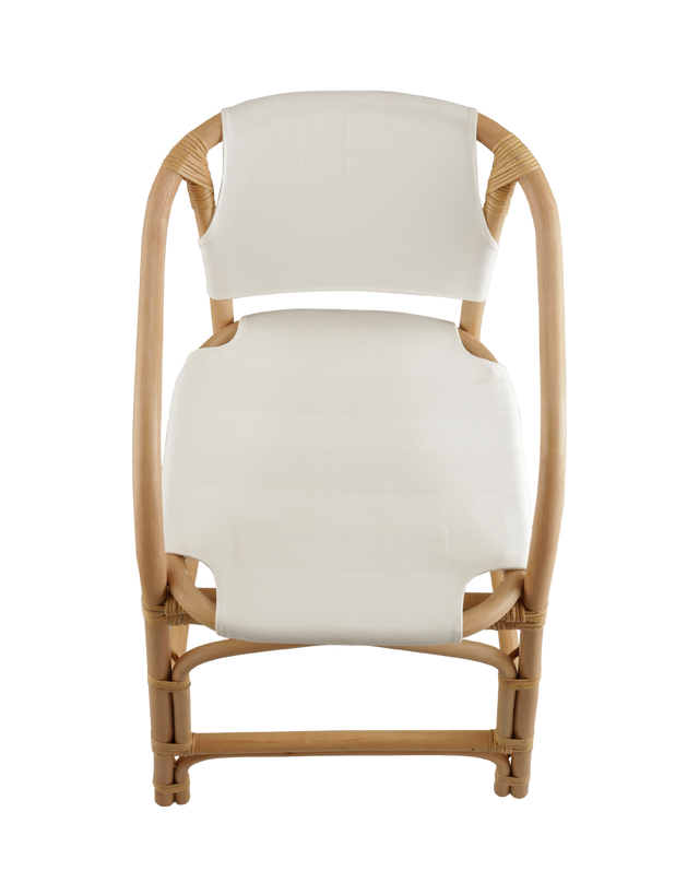 Top View. A natural rattan-style counter stool with a curved frame, white padded seat and back, and woven accents, shown against a transparent background.