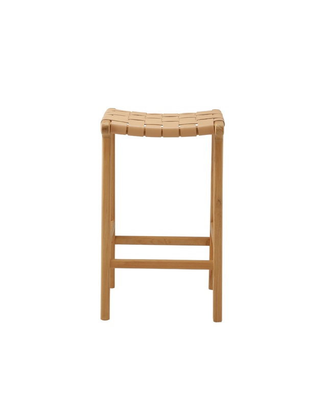 Side View. sleek counter stool with a wooden frame and a leather strap seat. The seat is made of woven tan leather strips, creating a modern, minimalist look. The frame is simple, with straight wooden legs and a crossbar for added support. 