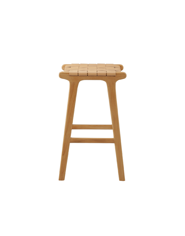 Side View sleek counter stool with a wooden frame and a leather strap seat. The seat is made of woven tan leather strips, creating a modern, minimalist look. The frame is simple, with straight wooden legs and a crossbar for added support. 