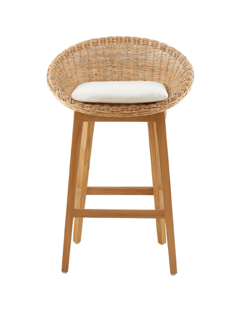 cozy counter stool with a round woven rattan seat and a white cushioned cushion for added comfort. The stool features a wooden frame with four legs, offering a natural and rustic look. The design is simple yet elegant, ideal for a casual dining area or kitchen bar.