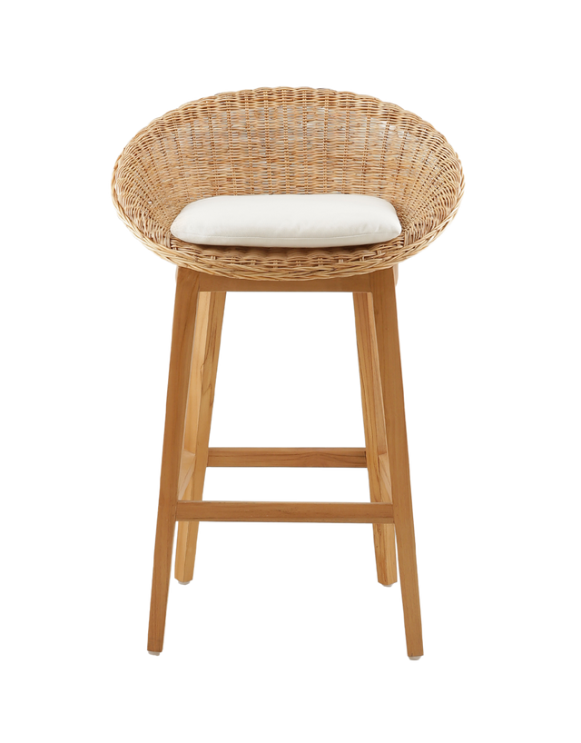 cozy counter stool with a round woven rattan seat and a white cushioned cushion for added comfort. The stool features a wooden frame with four legs, offering a natural and rustic look. 