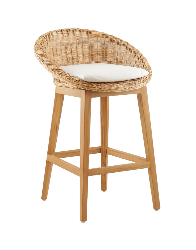 cozy counter stool with a round woven rattan seat and a white cushioned cushion for added comfort. The stool features a wooden frame with four legs, offering a natural and rustic look. The design is simple yet elegant, ideal for a casual dining area or kitchen bar. 3/4 view of the counter stool