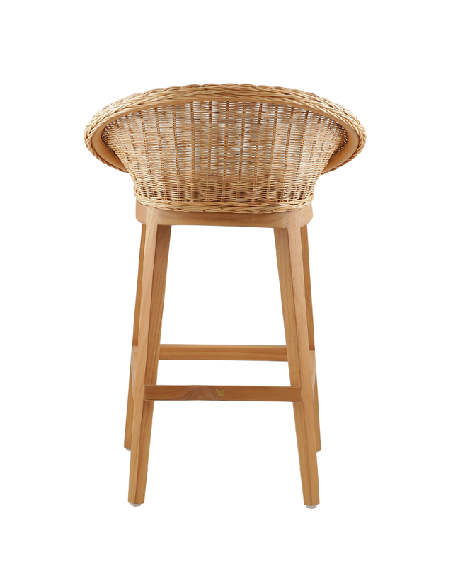 back View. cozy counter stool with a round woven rattan seat and a white cushioned cushion for added comfort. The stool features a wooden frame with four legs, offering a natural and rustic look. 