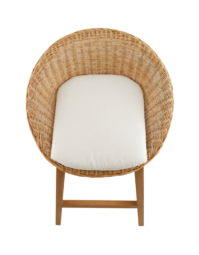 Top View. cozy counter stool with a round woven rattan seat and a white cushioned cushion for added comfort. The stool features a wooden frame with four legs, offering a natural and rustic look. 