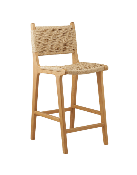 counter stool with a woven rattan seat and backrest. The backrest features a square woven pattern, with the rattan weaving arranged in a grid-like formation. The seat is woven with a slightly curved design, offering a comfortable and stylish look. 3/4 view