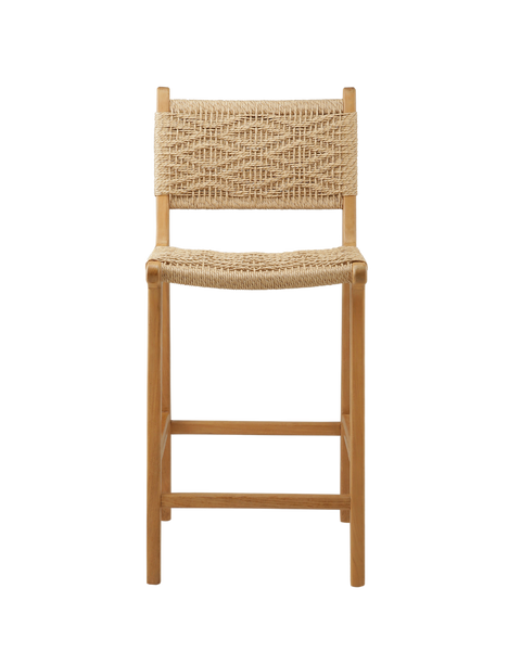 counter stool with a woven rattan seat and backrest. The backrest features a square woven pattern, with the rattan weaving arranged in a grid-like formation. The seat is woven with a slightly curved design, offering a comfortable and stylish look.