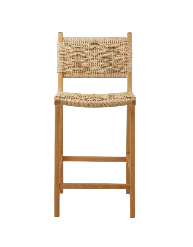 counter stool with a woven rattan seat and backrest. The backrest features a square woven pattern, with the rattan weaving arranged in a grid-like formation. The seat is woven with a slightly curved design, offering a comfortable and stylish look.