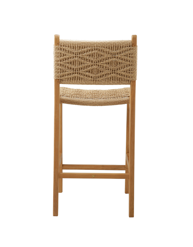 Back View. counter stool with a woven rattan seat and backrest. The backrest features a square woven pattern, with the rattan weaving arranged in a grid-like formation. The seat is woven with a slightly curved design, offering a comfortable and stylish look.