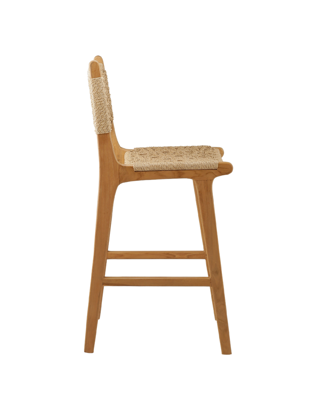 Side View. counter stool with a woven rattan seat and backrest. The backrest features a square woven pattern, with the rattan weaving arranged in a grid-like formation. The seat is woven with a slightly curved design, offering a comfortable and stylish look.