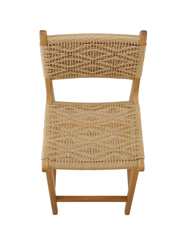 Top View. counter stool with a woven rattan seat and backrest. The backrest features a square woven pattern, with the rattan weaving arranged in a grid-like formation. The seat is woven with a slightly curved design, offering a comfortable and stylish look.