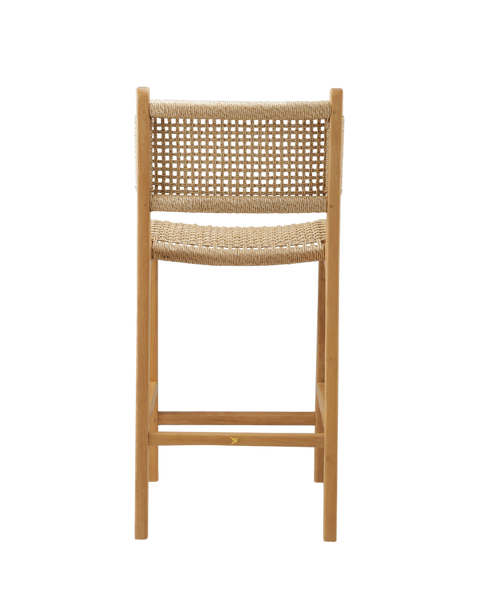 counter stool with a woven rattan seat and backrest. The backrest is woven in a diagonal pattern, creating a more textured, crisscross appearance. The seat features a similar woven style, with a smooth and rounded shape for added comfort. back view