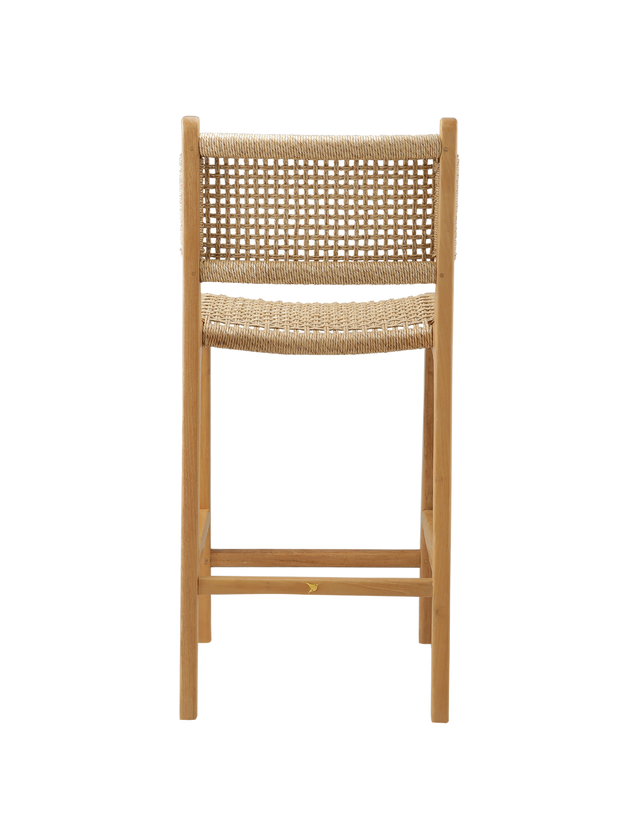 counter stool with a woven rattan seat and backrest. The backrest is woven in a diagonal pattern, creating a more textured, crisscross appearance. The seat features a similar woven style, with a smooth and rounded shape for added comfort. back view