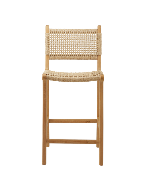 counter stool with a woven rattan seat and backrest. The backrest is woven in a diagonal pattern, creating a more textured, crisscross appearance. The seat features a similar woven style, with a smooth and rounded shape for added comfort.