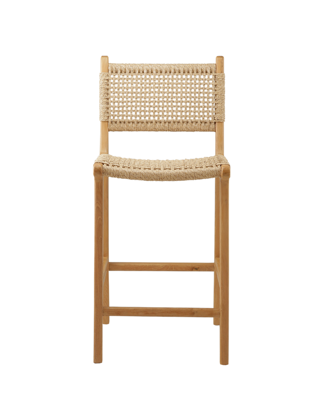 counter stool with a woven rattan seat and backrest. The backrest is woven in a diagonal pattern, creating a more textured, crisscross appearance. The seat features a similar woven style, with a smooth and rounded shape for added comfort.