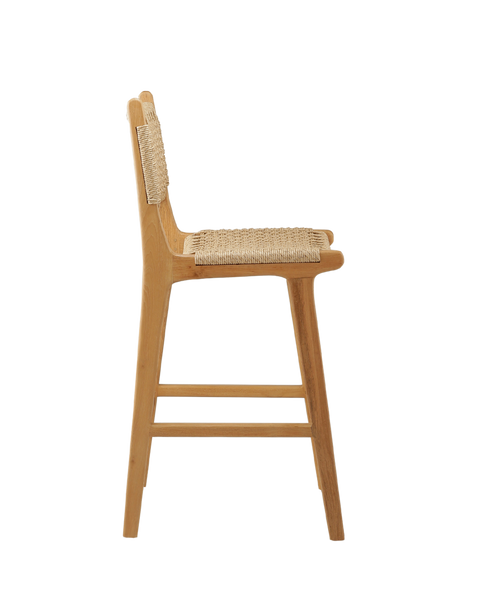 counter stool with a woven rattan seat and backrest. The backrest is woven in a diagonal pattern, creating a more textured, crisscross appearance. The seat features a similar woven style, with a smooth and rounded shape for added comfort. side view