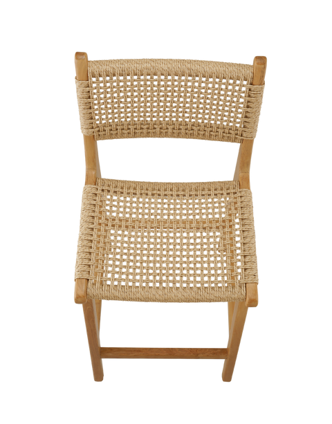 counter stool with a woven rattan seat and backrest. The backrest is woven in a diagonal pattern, creating a more textured, crisscross appearance. The seat features a similar woven style, with a smooth and rounded shape for added comfort. top view