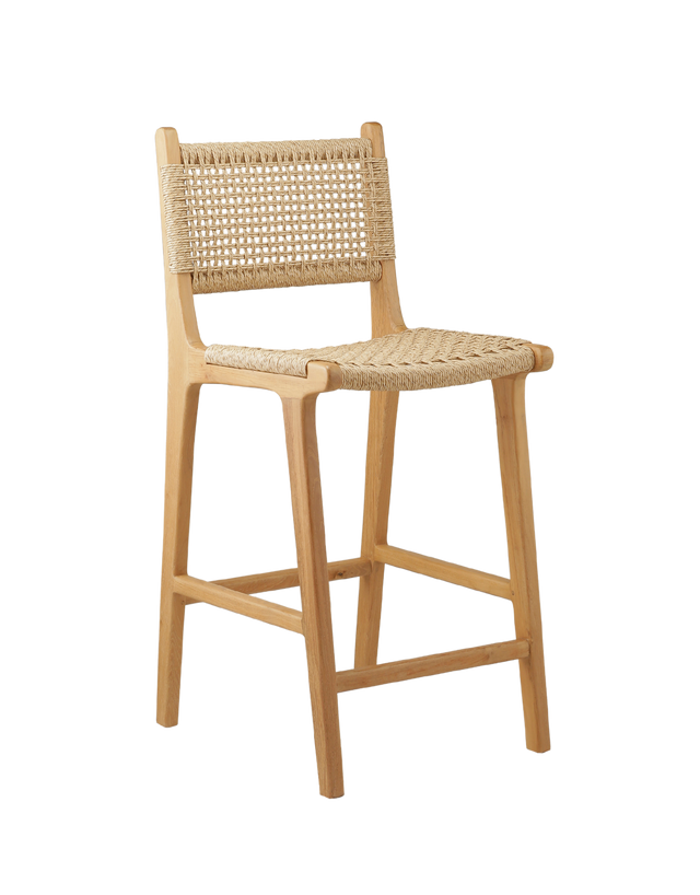 counter stool with a woven rattan seat and backrest. The backrest is woven in a diagonal pattern, creating a more textured, crisscross appearance. The seat features a similar woven style, with a smooth and rounded shape for added comfort. 3/4 view