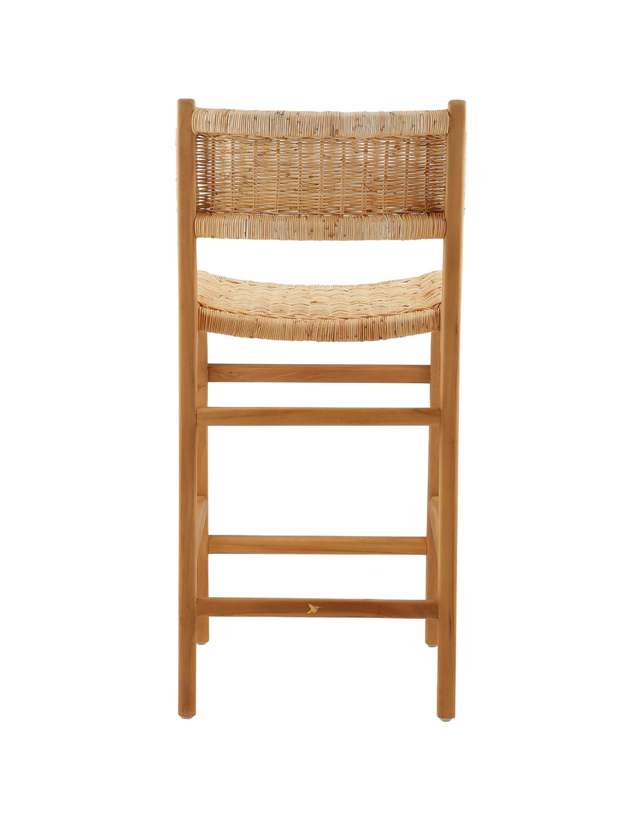 back view. A wooden counter stool featuring a woven rattan seat and back, shown against a transparent background