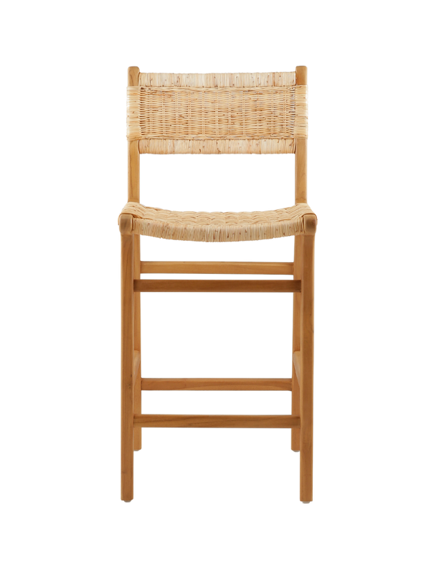 A wooden counter stool featuring a woven rattan seat and back, shown against a transparent background