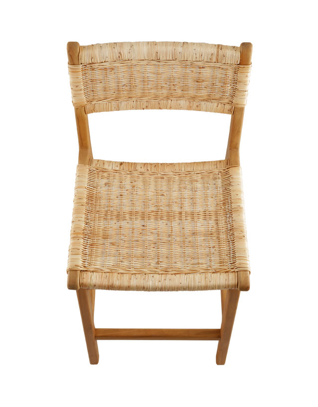 Top View. A wooden counter stool featuring a woven rattan seat and back, shown against a transparent background