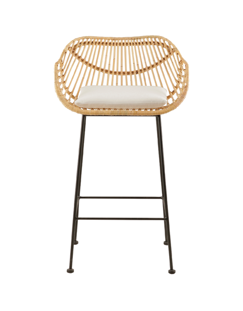 modern counter stool with a rattan seat and backrest, featuring a unique, curved design. The stool has a comfortable white cushioned seat and is supported by slim black metal legs, creating a contrast with the natural rattan. Its contemporary design makes it an ideal choice for stylish, relaxed interiors.