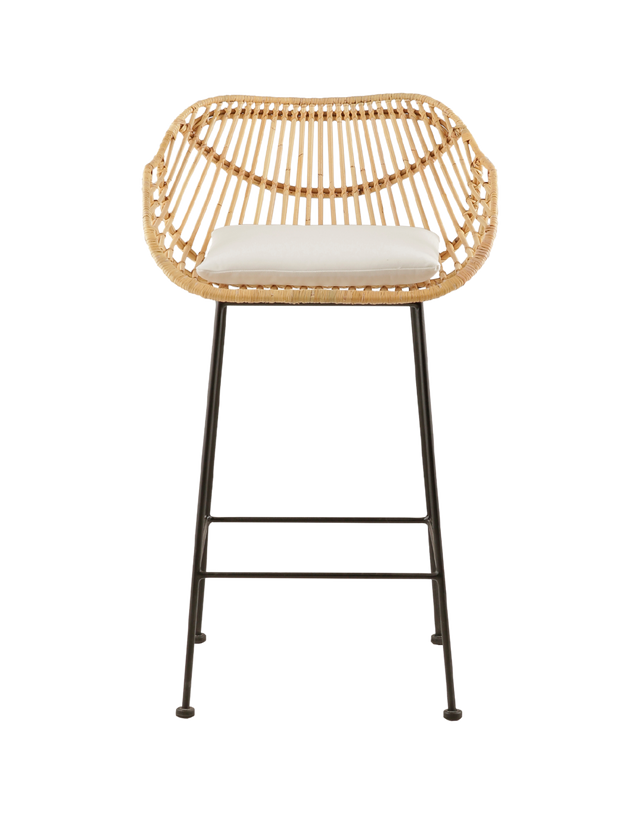 modern counter stool with a rattan seat and backrest, featuring a unique, curved design. The stool has a comfortable white cushioned seat and is supported by slim black metal legs, creating a contrast with the natural rattan. Its contemporary design makes it an ideal choice for stylish, relaxed interiors.