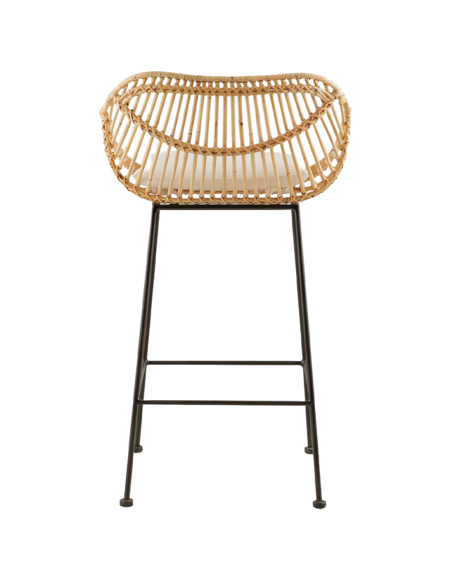 back view. modern counter stool with a rattan seat and backrest, featuring a unique, curved design. The stool has a comfortable white cushioned seat and is supported by slim black metal legs, creating a contrast with the natural rattan. Its contemporary design makes it an ideal choice for stylish, relaxed interiors.