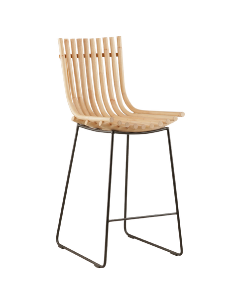 A sleek, modern barstool featuring a curved wooden slat backrest and seat with a natural wood finish. The seat is supported by minimalist black metal legs, which include a footrest bar for added comfort. A Side View