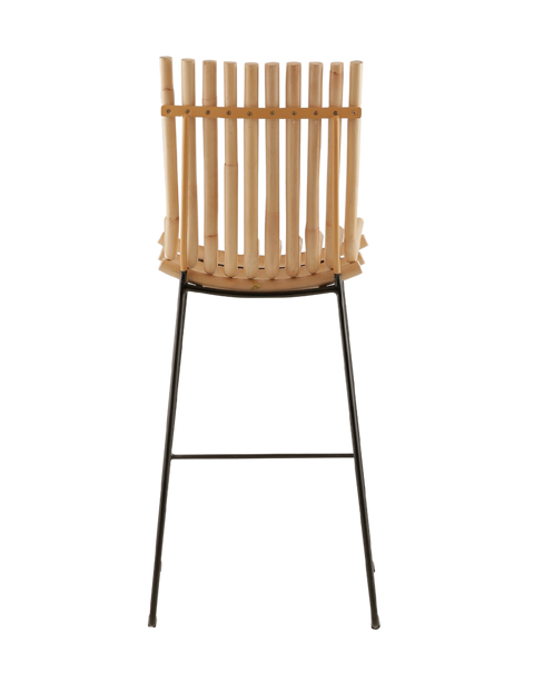 A sleek, modern barstool featuring a curved wooden slat backrest and seat with a natural wood finish. The seat is supported by minimalist black metal legs, which include a footrest bar for added comfort. Back View