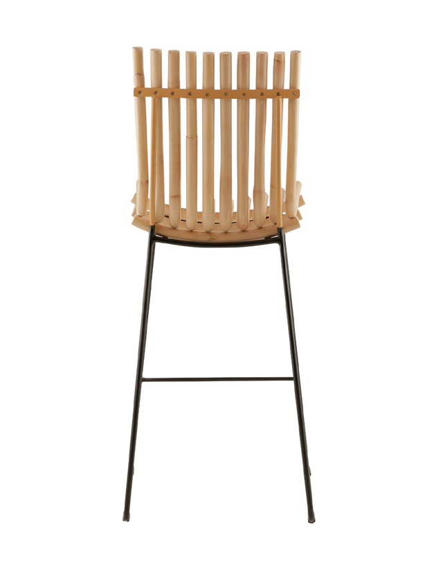 A sleek, modern barstool featuring a curved wooden slat backrest and seat with a natural wood finish. The seat is supported by minimalist black metal legs, which include a footrest bar for added comfort. Back View