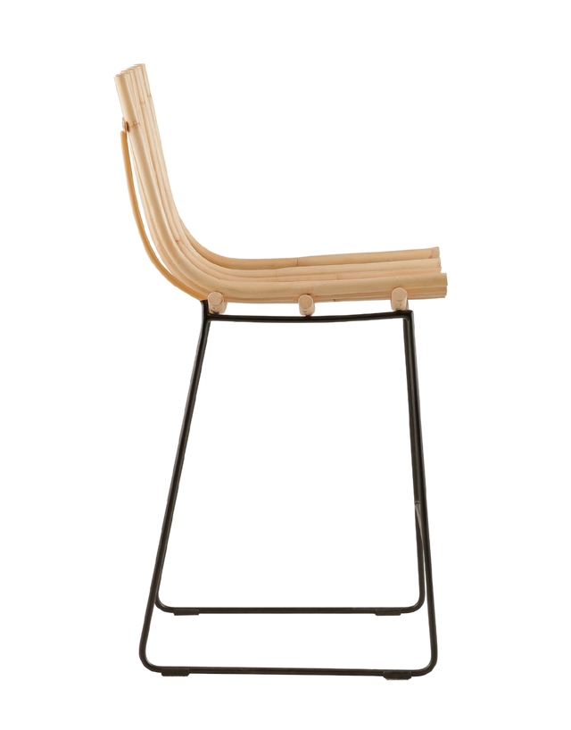 A sleek, modern barstool featuring a curved wooden slat backrest and seat with a natural wood finish. The seat is supported by minimalist black metal legs, which include a footrest bar for added comfort. left side view