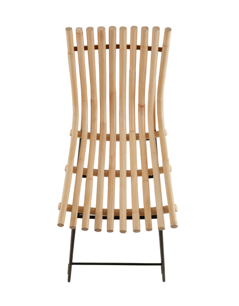 A sleek, modern barstool featuring a curved wooden slat backrest and seat with a natural wood finish. The seat is supported by minimalist black metal legs, which include a footrest bar for added comfort. Top view