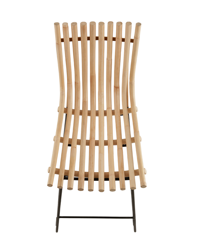 A sleek, modern barstool featuring a curved wooden slat backrest and seat with a natural wood finish. The seat is supported by minimalist black metal legs, which include a footrest bar for added comfort. Top view