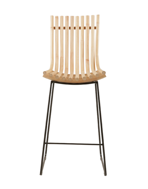 A sleek, modern barstool featuring a curved wooden slat backrest and seat with a natural rattan finish. The seat is supported by minimalist black metal legs, which include a footrest bar for added comfort. This photo has a front view of the stool.