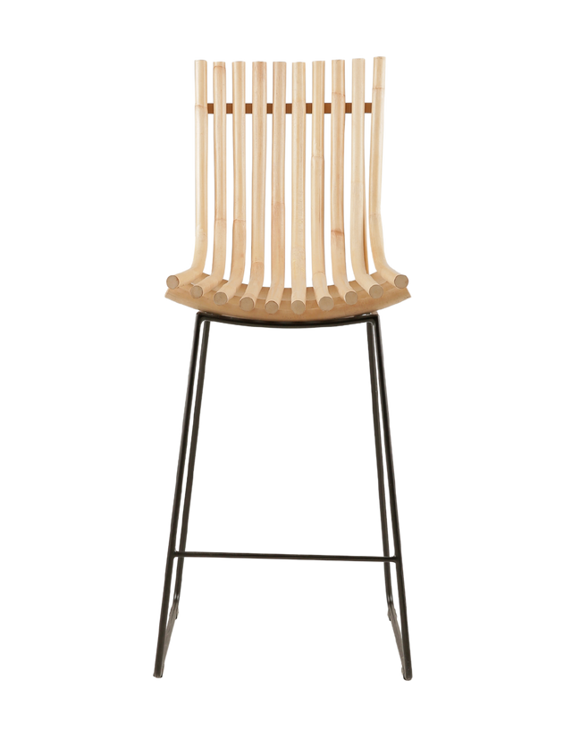 A sleek, modern barstool featuring a curved wooden slat backrest and seat with a natural rattan finish. The seat is supported by minimalist black metal legs, which include a footrest bar for added comfort. This photo has a front view of the stool.