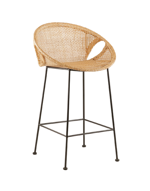 stylish counter stool with a round, woven rattan seat. The seat is supported by slim black metal legs, offering a modern contrast to the natural texture of the rattan. The design features small cut-out sections at the sides of the seat, adding a distinctive and contemporary touch to the overall look. 3/4 view