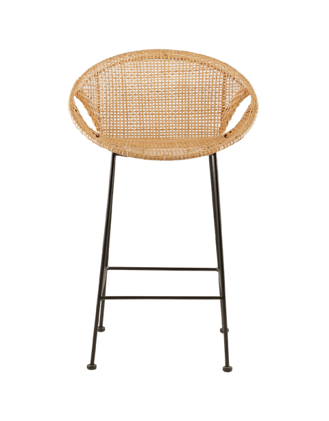 stylish counter stool with a round, woven rattan seat. The seat is supported by slim black metal legs, offering a modern contrast to the natural texture of the rattan. The design features small cut-out sections at the sides of the seat, adding a distinctive and contemporary touch to the overall look.