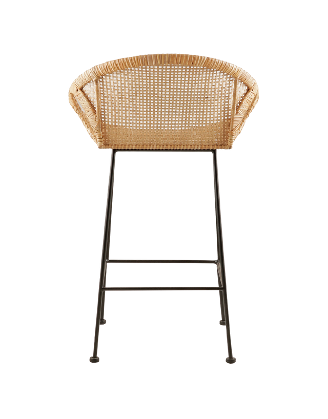 Back view. stylish counter stool with a round, woven rattan seat. The seat is supported by slim black metal legs, offering a modern contrast to the natural texture of the rattan. The design features small cut-out sections at the sides of the seat.