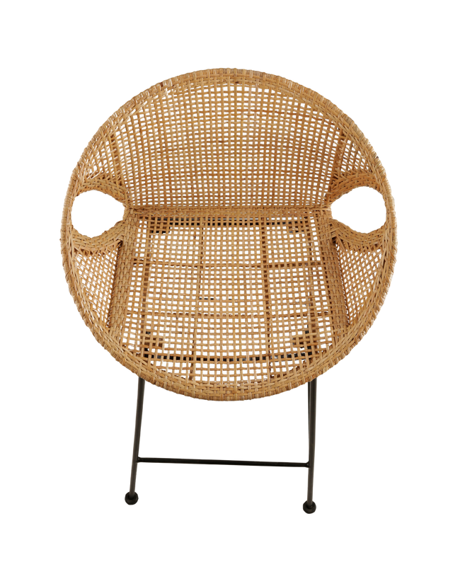 top view. stylish counter stool with a round, woven rattan seat. The seat is supported by slim black metal legs, offering a modern contrast to the natural texture of the rattan. The design features small cut-out sections at the sides of the seat.