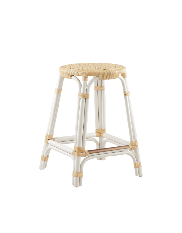 A rattan counter stool with a round woven seat and White frame accented with natural rattan bindings, shown against a transparent background.