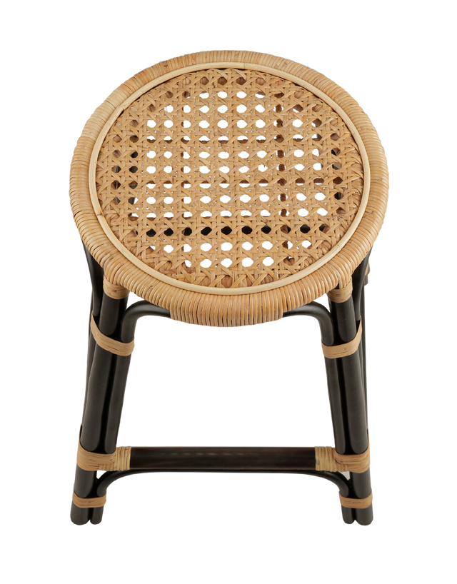 Top view. A rattan counter stool with a round woven seat and black frame accented with natural rattan bindings, shown against a transparent background.